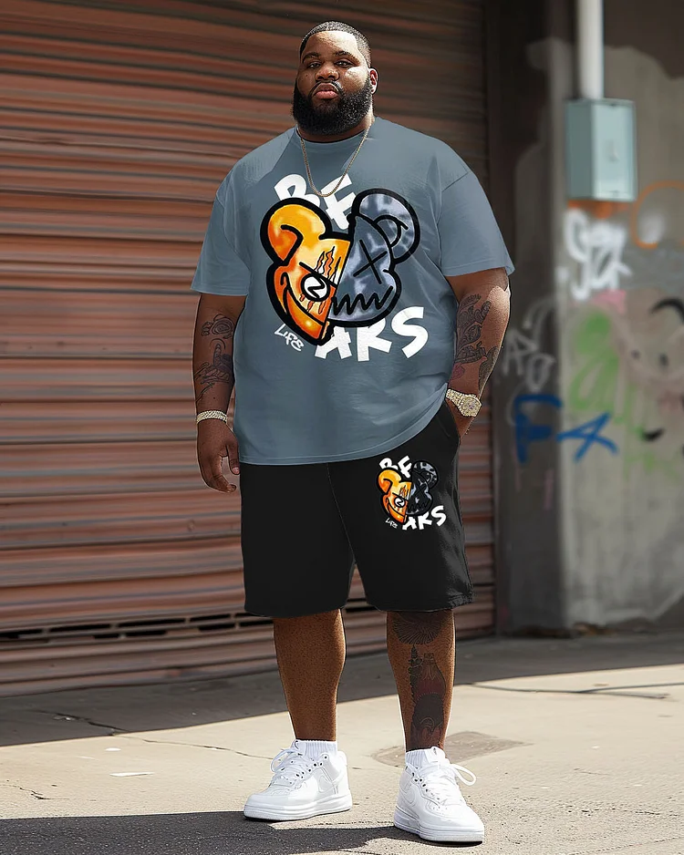 Men's Plus Size Street Casual Split Bear Print T-Shirt Shorts Suit