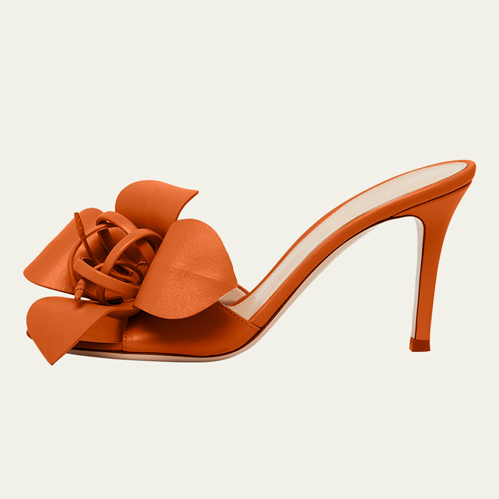Orange Open Toe 3D Flower Embellished Heeled Mules Sandals