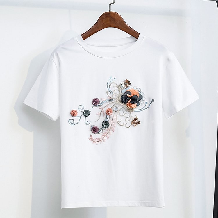3D Blossom Embroidery T-Shirt Denim Shorts Set - Modakawa Modakawa
