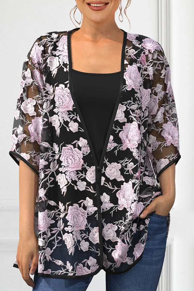 Flycurvy Plus Size Dressy Black Mesh Floral Embroidery 3/4 Sleeve Two Pieces Blouse