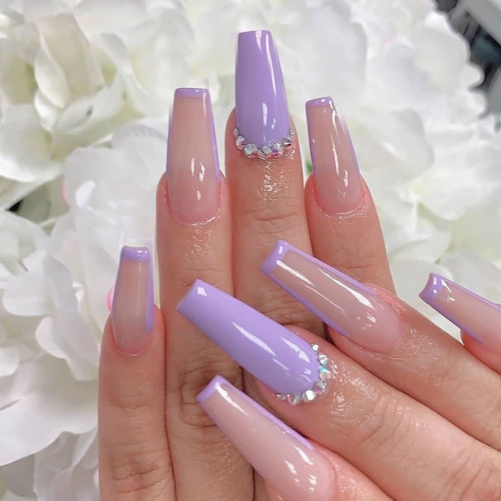 Detachable Purple With diamond French Long Coffin False Nails Wearable Ballerina Fake Nails Full Cover Nail Tips Press On Nails