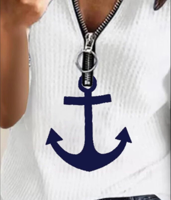 Wongn Wongn New Fashion Casual Zipper Shipping Mark Print Fashion Sleeve Short-Sleeved T-Shirt