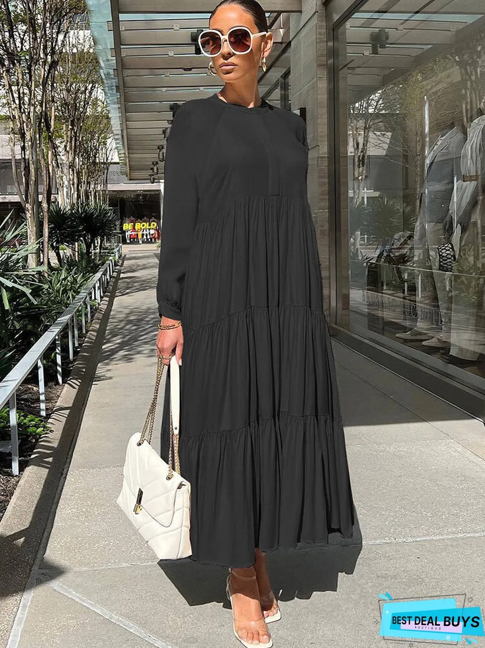 Long Sleeve Solid Ruffle Swing Maxi Dresses