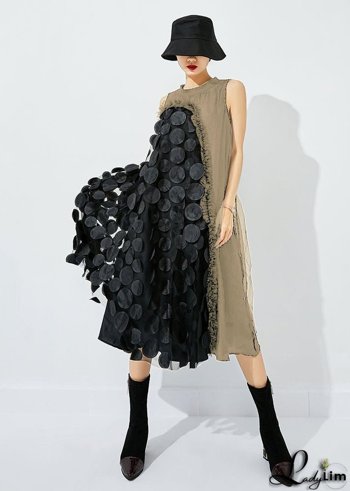 Bohemian Khaki Asymmetrical Patchwork Wrinkled Tulle Maxi Dress Sleeveless