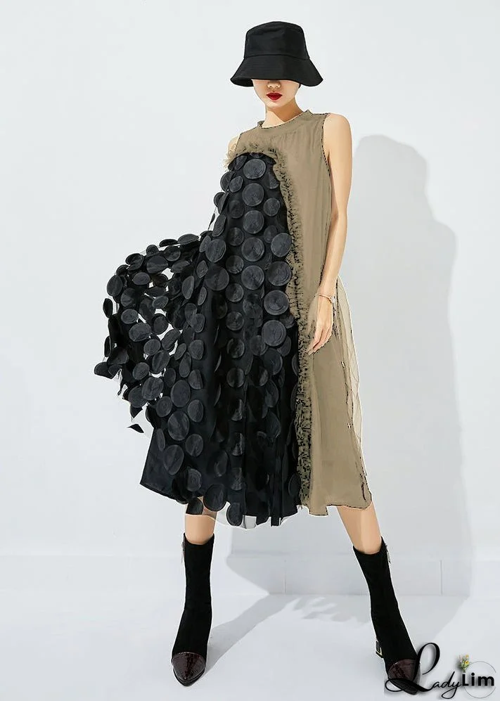 Bohemian Khaki Asymmetrical Patchwork Wrinkled Tulle Maxi Dress Sleeveless