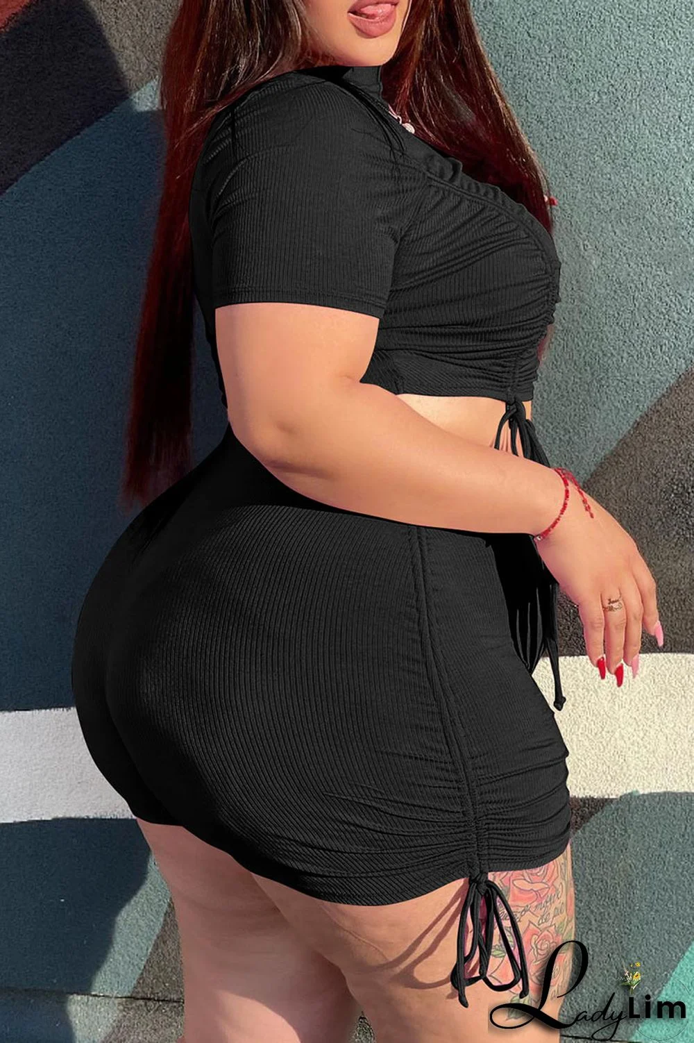 Orange Fashion Casual Solid Draw String Frenulum O Neck Plus Size Two Pieces