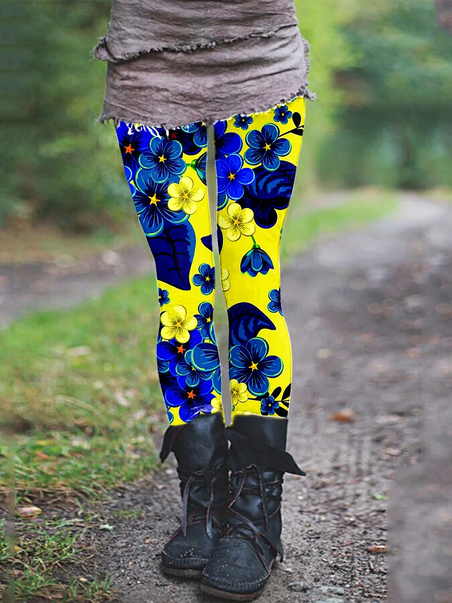 Women's Blue Floral Print Leggings-1012-03