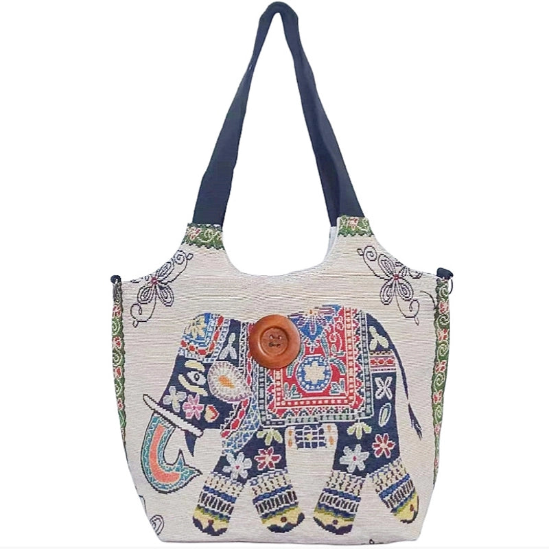 Women’s Large Canvas Elephant Ethnic Style Square Zipper Shoulder Bag