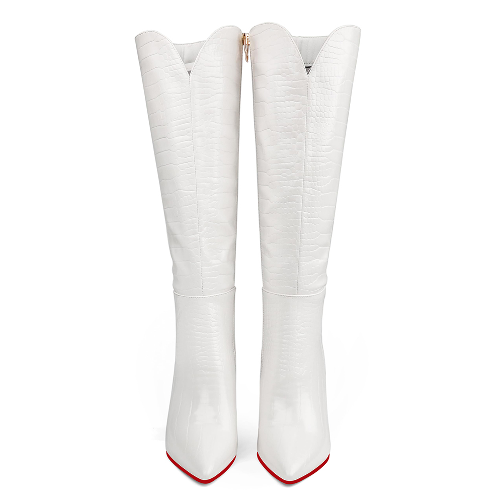 100mm Women's  Knee Boots Croc Leather Red Bottom High Heels Boots-MERUMOTE