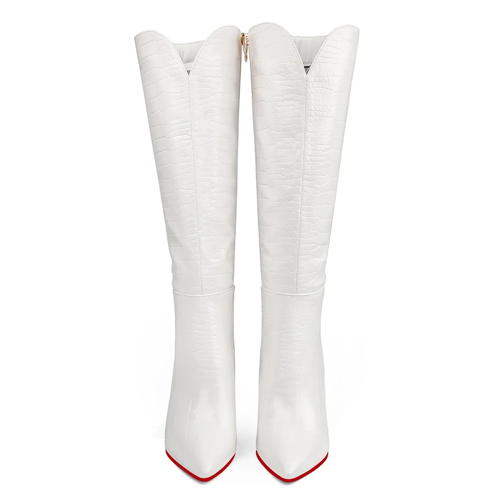 100mm Women's  Knee Boots Croc Leather Red Bottom High Heels Boots-MERUMOTE