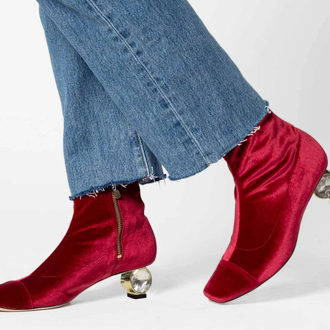 Red Square Toe Velvet Crystal Sculptural Heel Booties for Women