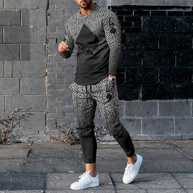 BrosWear Men's Daily Casual Poker Print Black Gray Fade Long Sleeve T-shirt And Pants Co-ord Sets