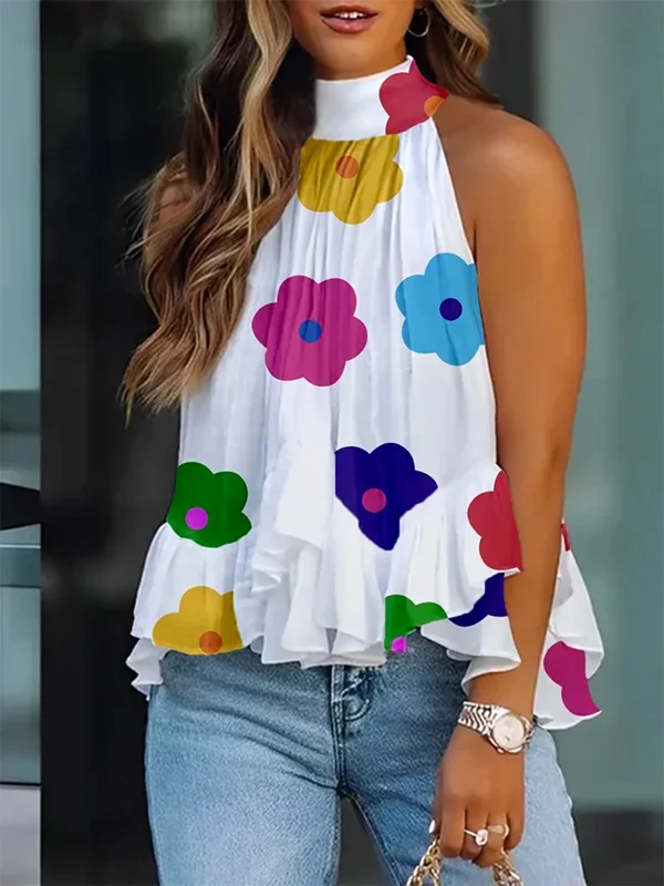Loose Sleeveless Falbala Floral Printed Stand Collar Vest Top