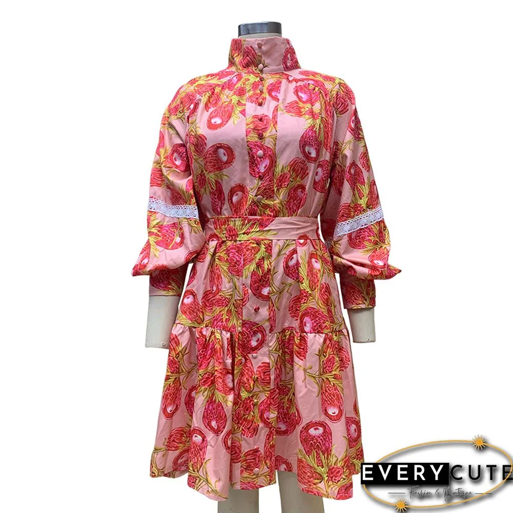 Orange High Waist Square Neck Puff Sleeve Floral Dress