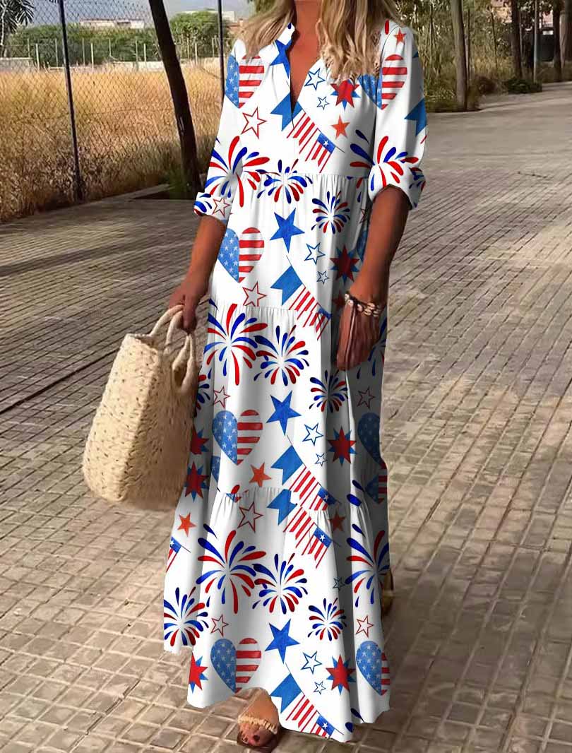 Women  Independence Day, Star, Striped, Blue, Red DZDN0222 SPU Printed Long Sleeve V-neck Maxi Dress