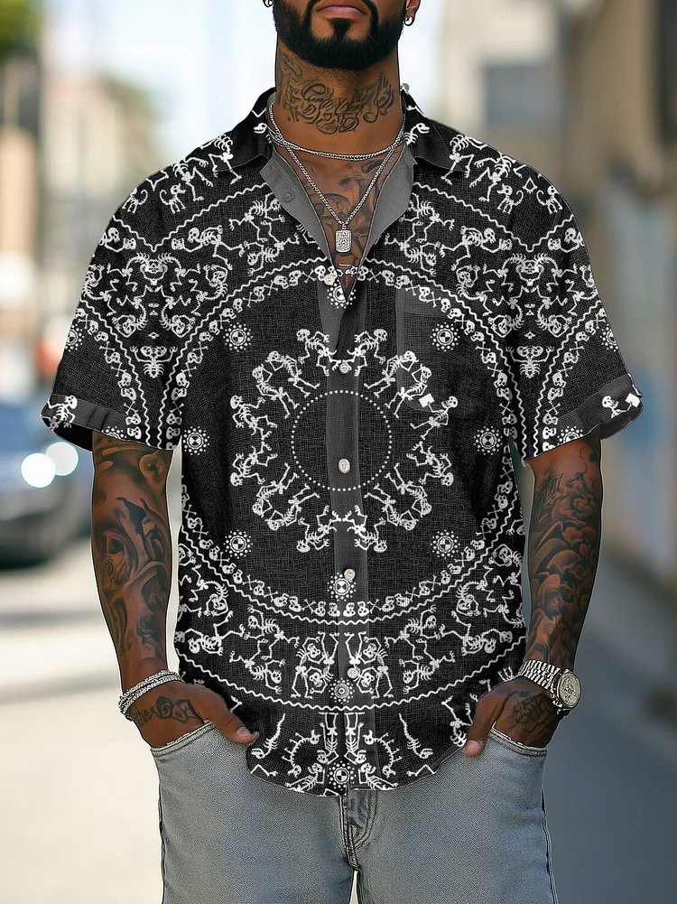 Men's Skeleton Totem Dark Art Print Chest Pocket Shirt