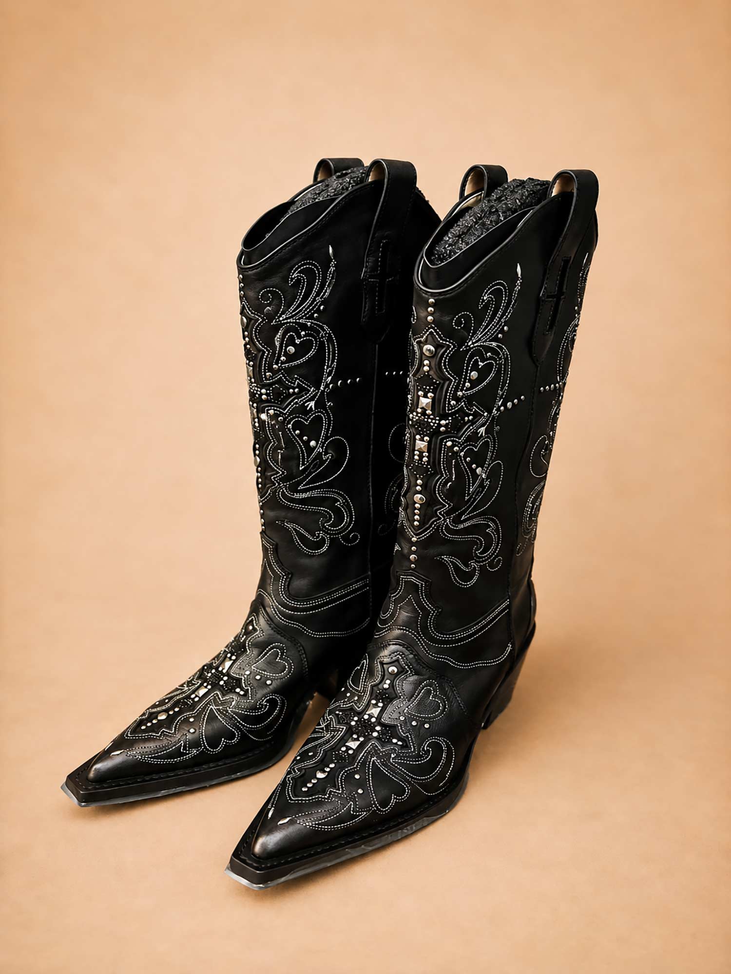 Cross and Heart Embroidered Studded Spring/Summer 2026 Faux Leather Women's Tall Western Boots