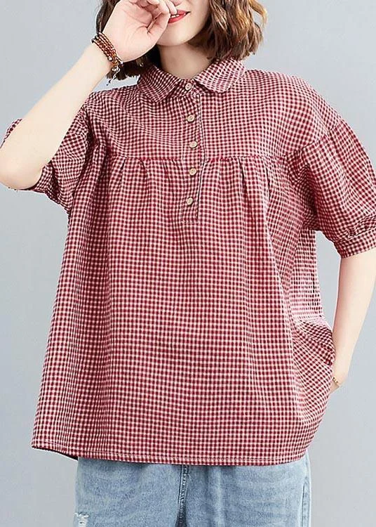 Women Red Plaid Peter Pan Collar Cotton Linen Summer Blouses