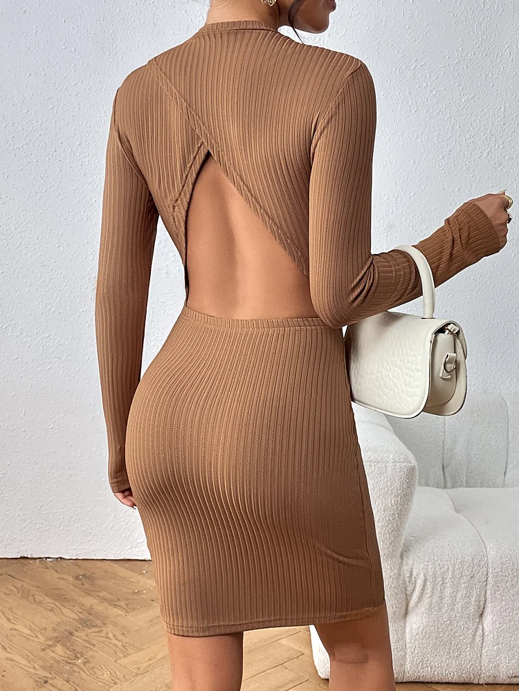 Women Backless Long Sleeves Slim Fit Sheath Sexy Women Knitting Dress