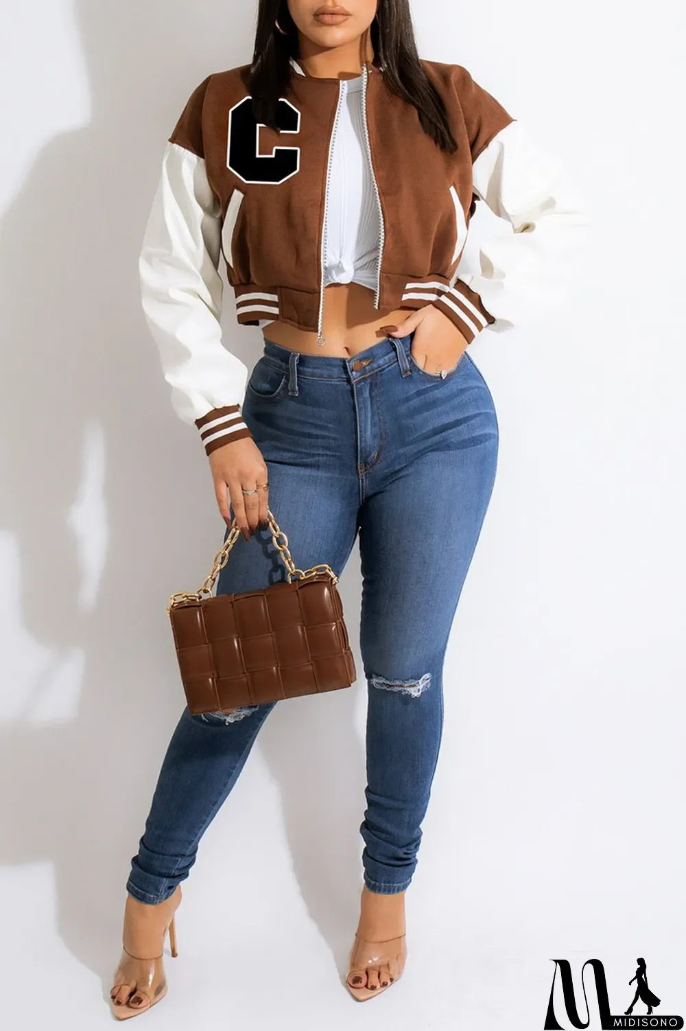 MidiSono - Blue Casual Print Patchwork Zipper Outerwear