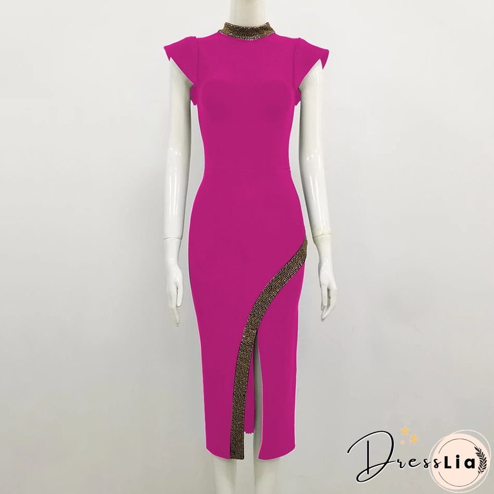 New Women Summer Sexy Turtleneck Beading Split Midi Black Bodycon Bandage Dress Elegant Evening Party Dress Vestidos