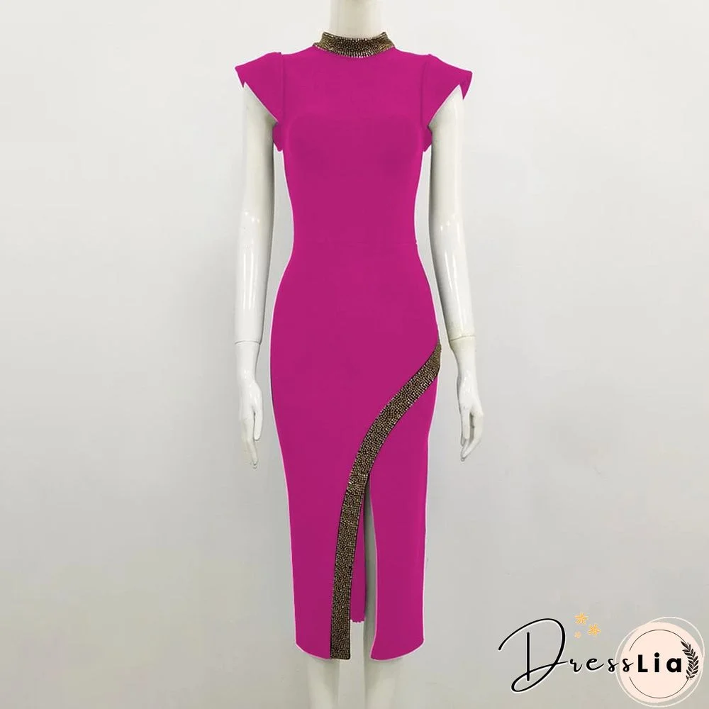 New Women Summer Sexy Turtleneck Beading Split Midi Black Bodycon Bandage Dress Elegant Evening Party Dress Vestidos