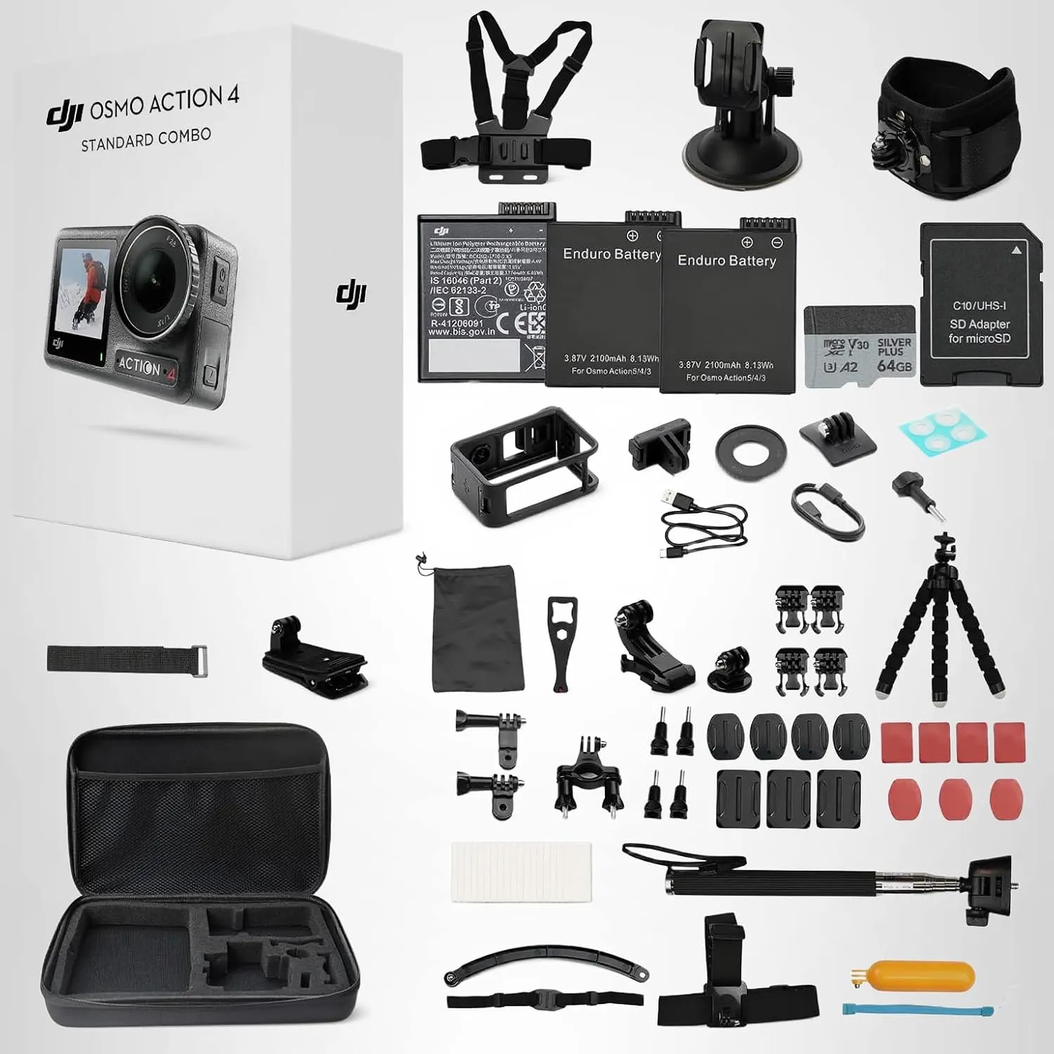 DJI Osmo Action 4 Waterproof Action Camera Bundle, 1/1.3" Sensor, 4K/120fps Video, Stunning Low-Light Imaging, Original Standard Combo + 58 Piece Accessory Kit + 2 Extra Batteries + 64GB Card