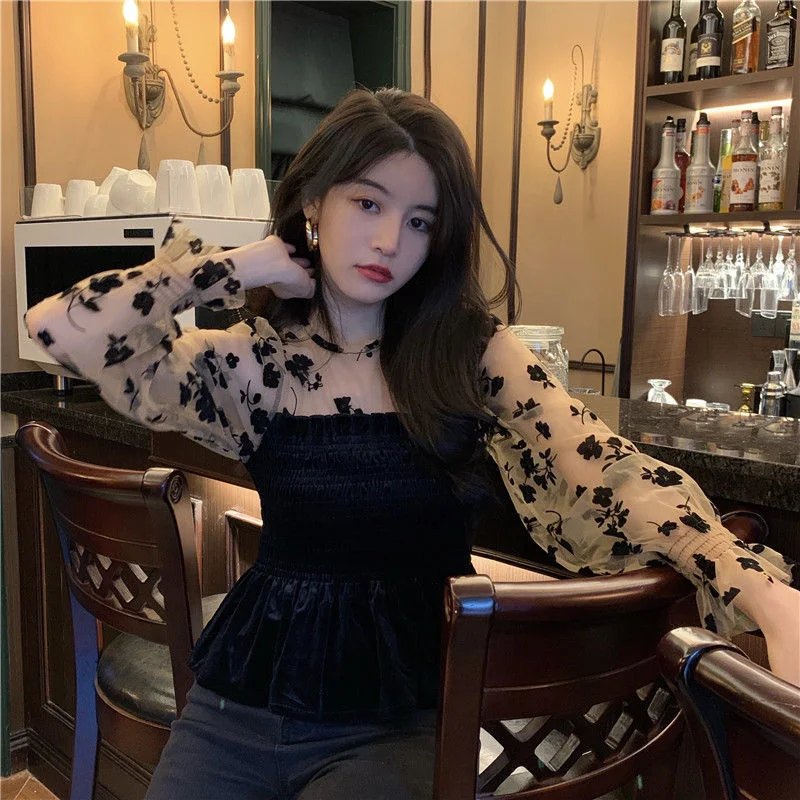 Women Blouses Velour Patchwork Long Sleeve Floral Perspective Sexy High Street Slim Crop Tops Fashion Vintage Elegant Blusas OL