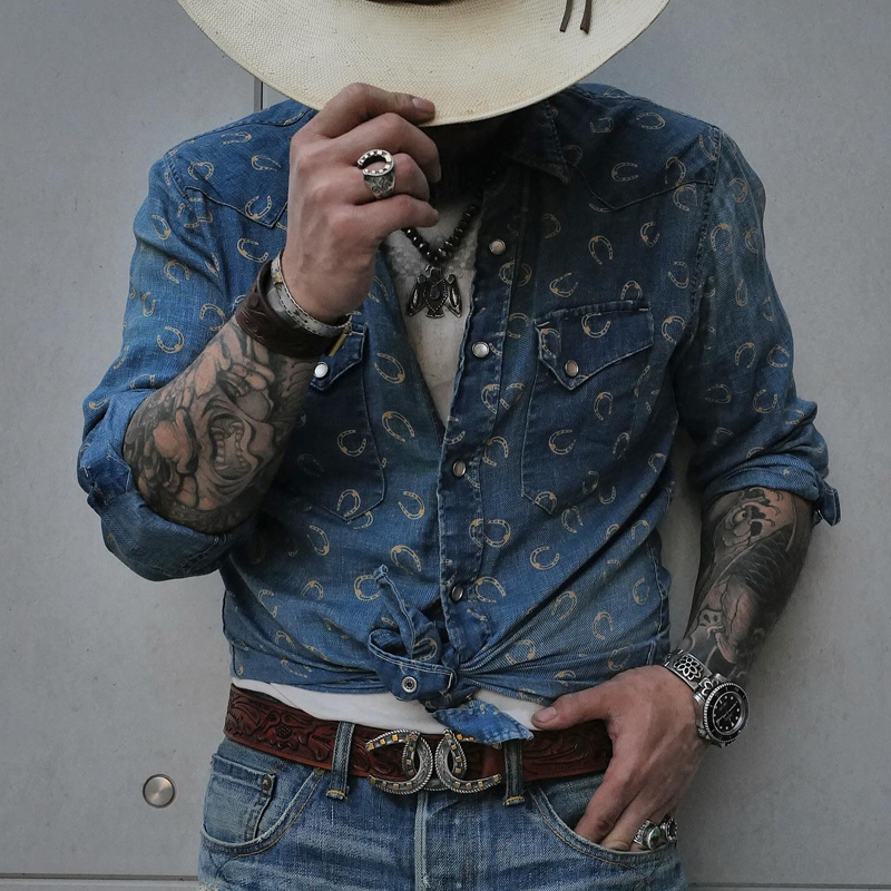 Vintage Classic Indigo Denim Print Single Breasted Shirt