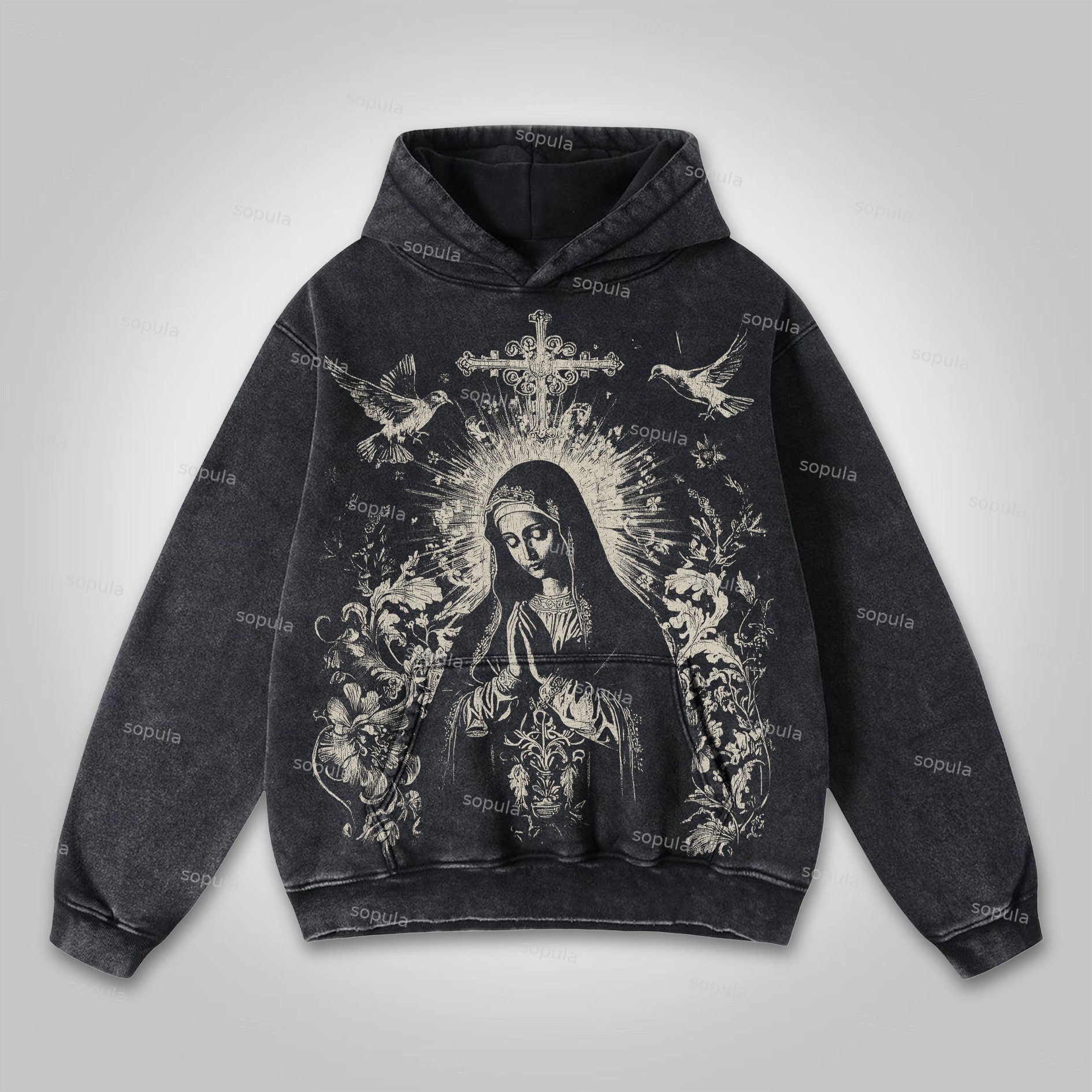 Sopula Virgin Mary Praying Faith Graphic Washed Hoodies