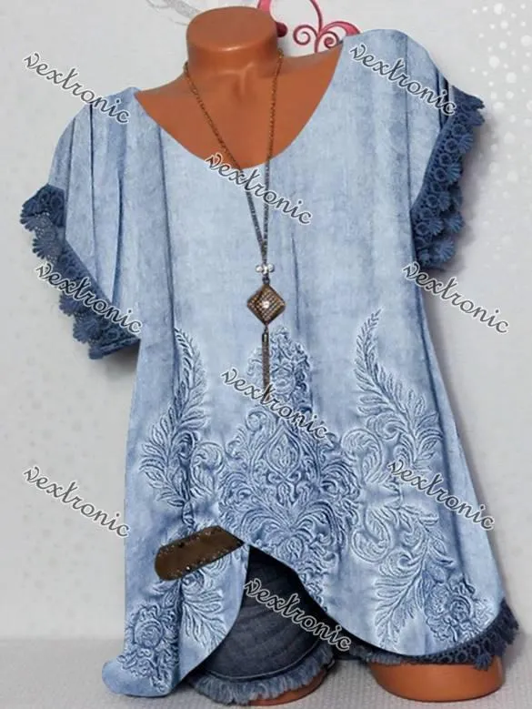 Women Short Sleeve Scoop Neck Lace Stitching Floral Printed Tops