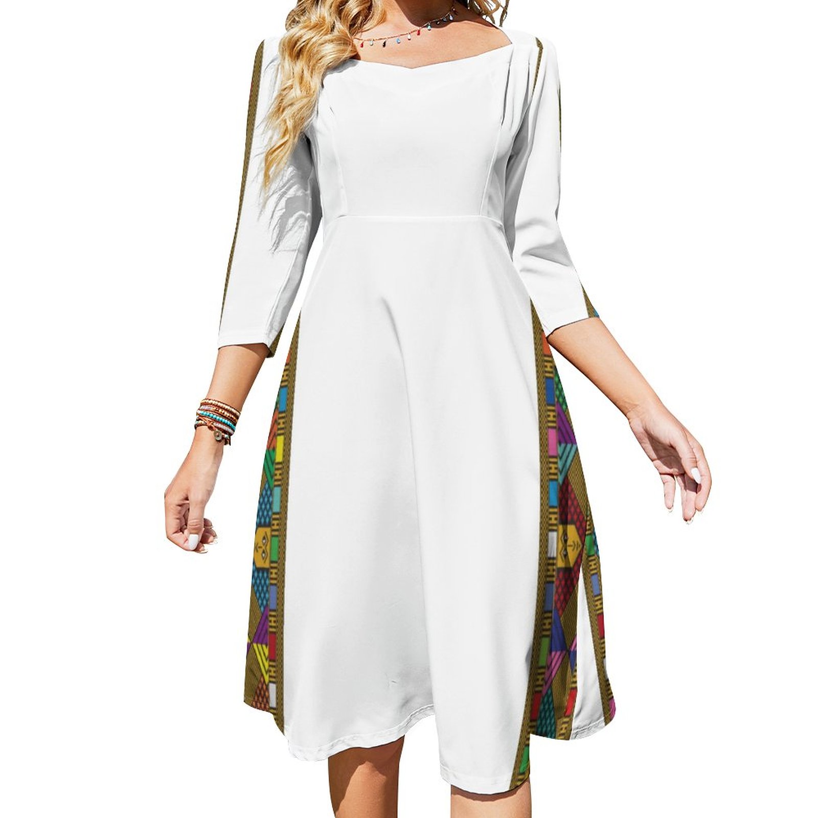Ethiopian Ethnic Pattern Saba Tilet Dress Sweetheart Tie Back Flared 3/4 Sleeve Midi Dresses