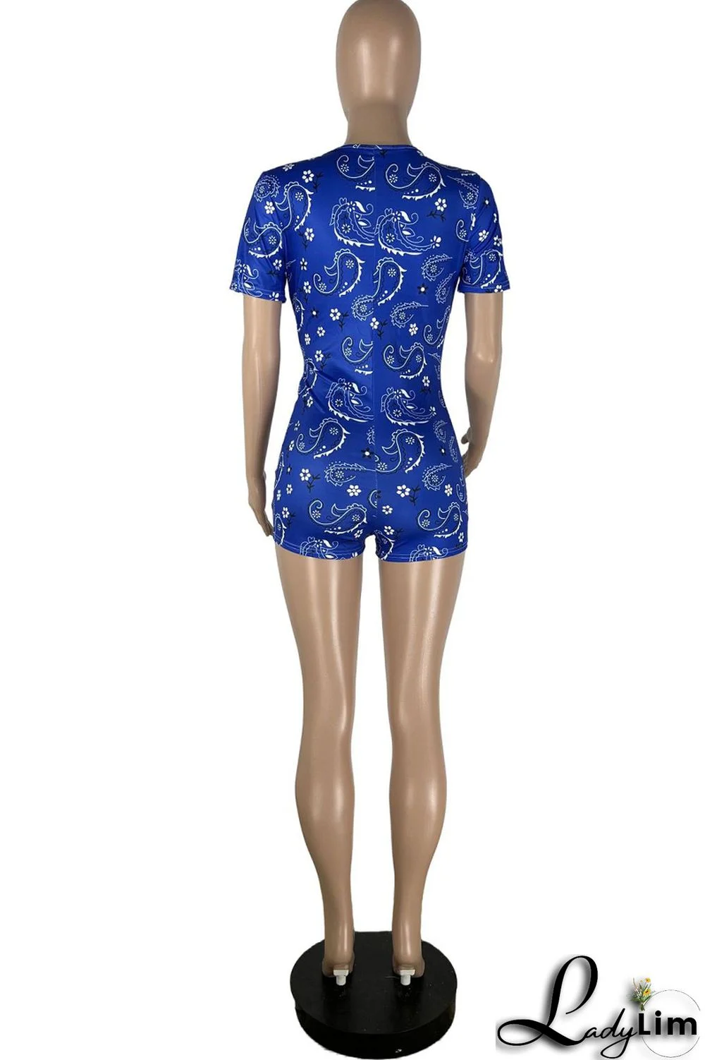 Peacock Blue Fashion Casual Print Basic O Neck Skinny Romper