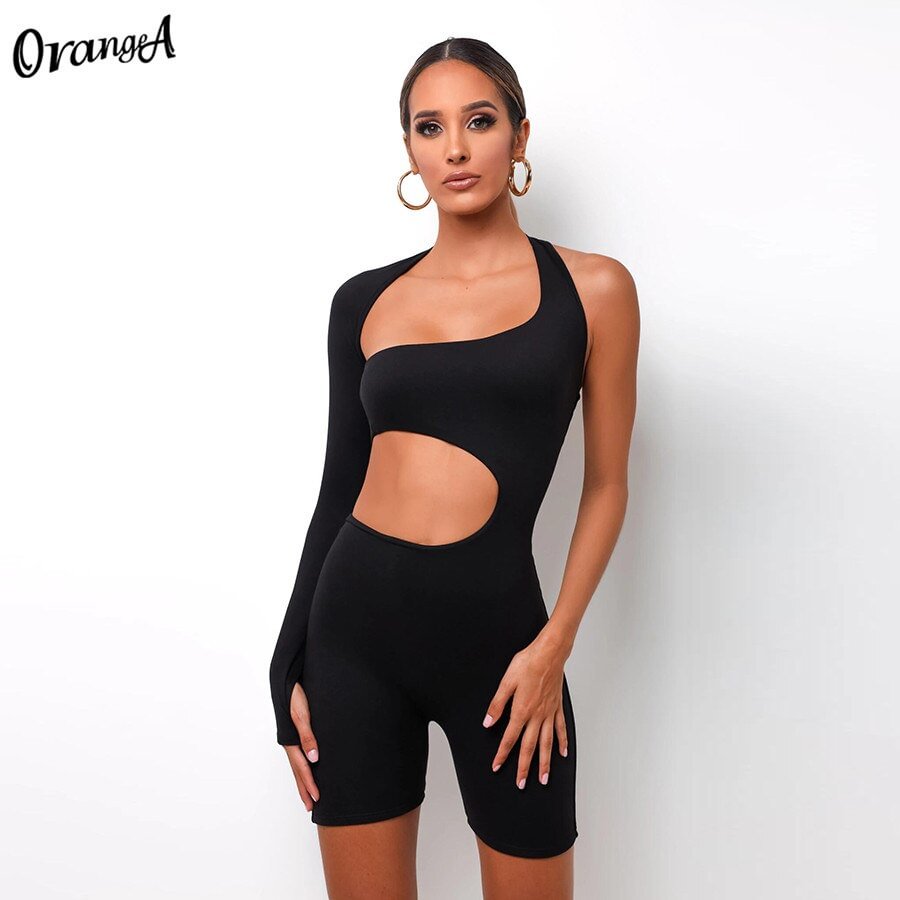 OrangeA women fashion side hollow out rompers sexy stretchy off shoulder backless biker shorts playsuits casual elastic outfits