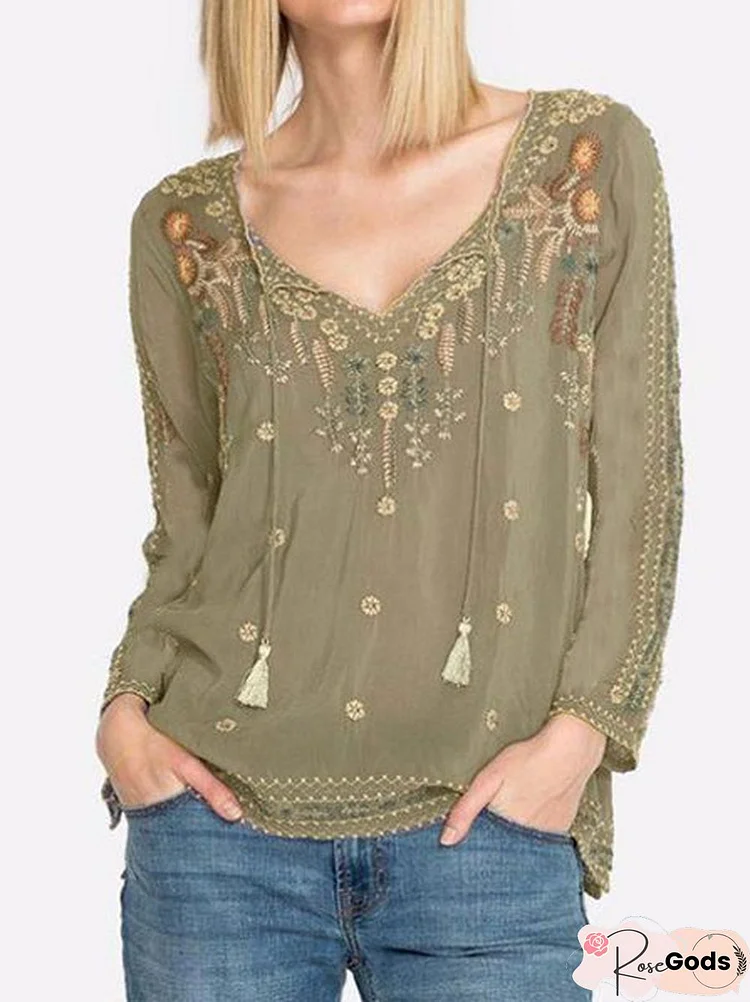 Women Long Sleeve V Neck Floral Embroidered Blouse