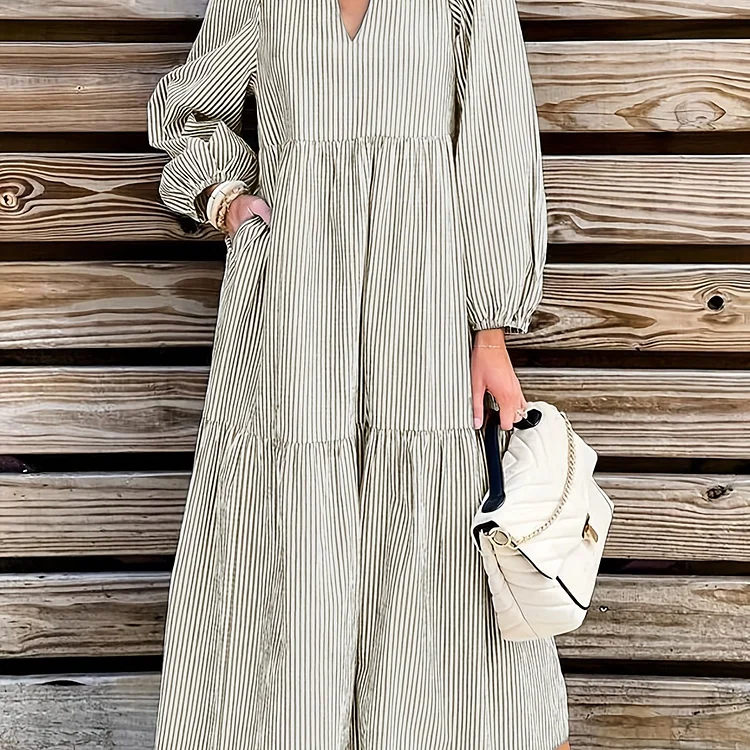 Stripe Print V Neck Tiered Dress, Casual Long Sleeve Dress For Spring & Fall, Women's Clothing