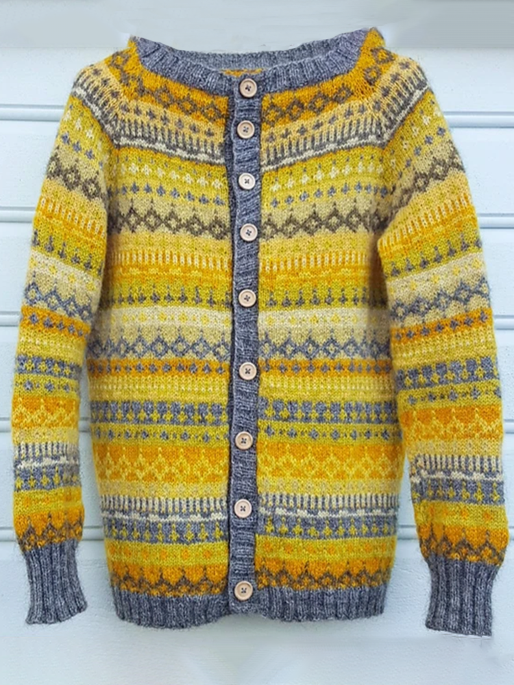 Vintage Icelandic Knit Jacquard Yellow Warmth Cardigan（Unisex）