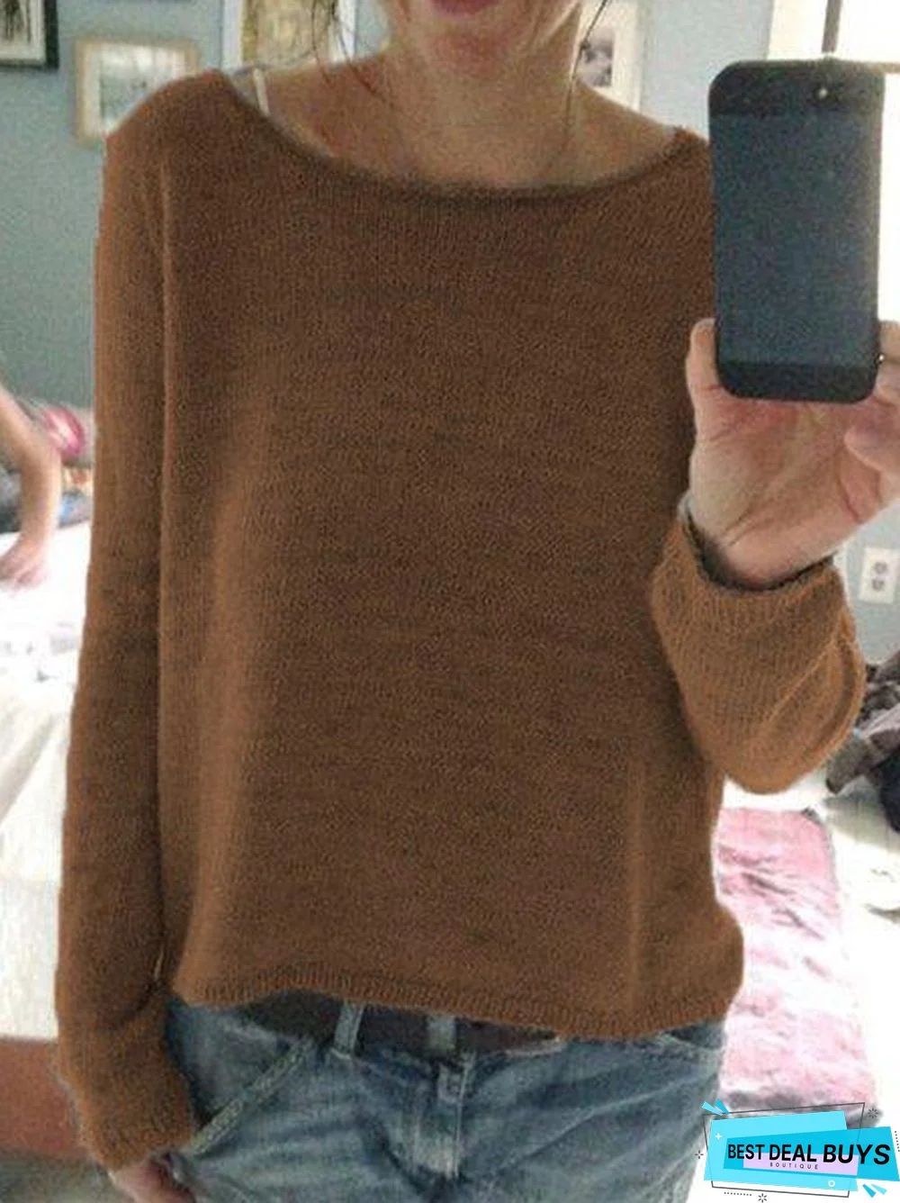 Casual Shift Round Neck Plain Sweater