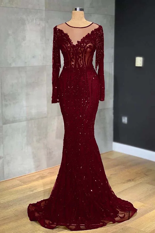 Daisda Black Mermaid Evening Dress Long Sleeves With Appliques