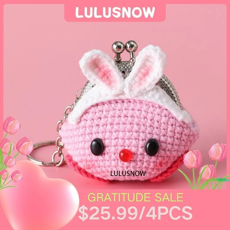 Lulusnow Handmade Pink Rabbit Easter Gift ANIMAL CARTOON Small Money Pouch  Crochet Coin Purse Keychain Bag Pendant Gift for Her/Friend/Kids/Christmas/Easter