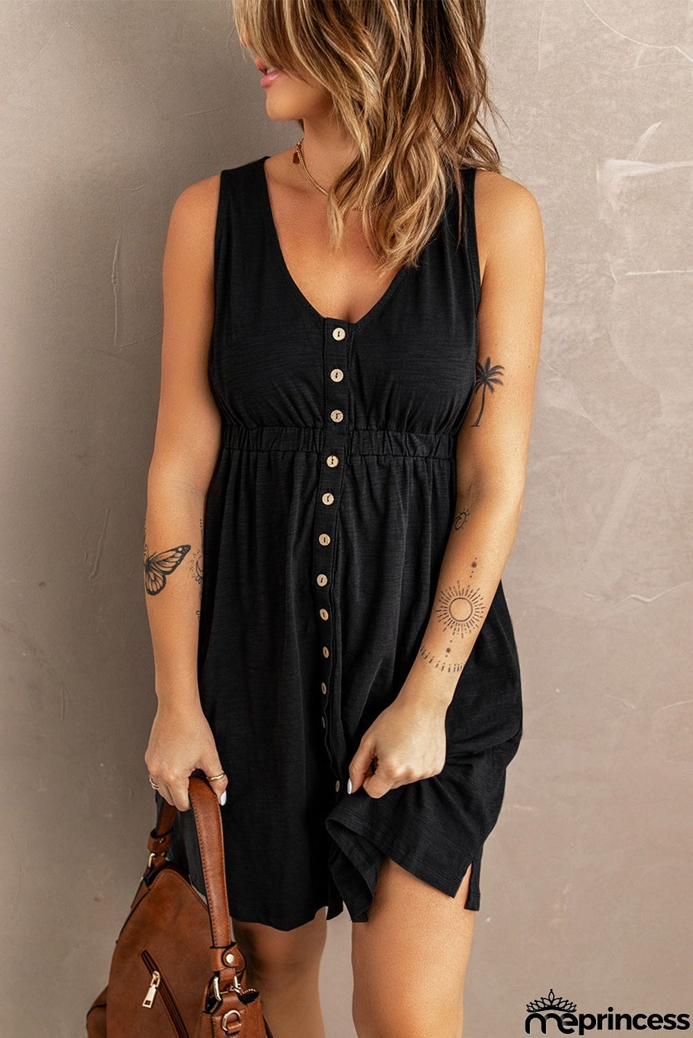 Buttons Sleeveless High Waist Mini Dress