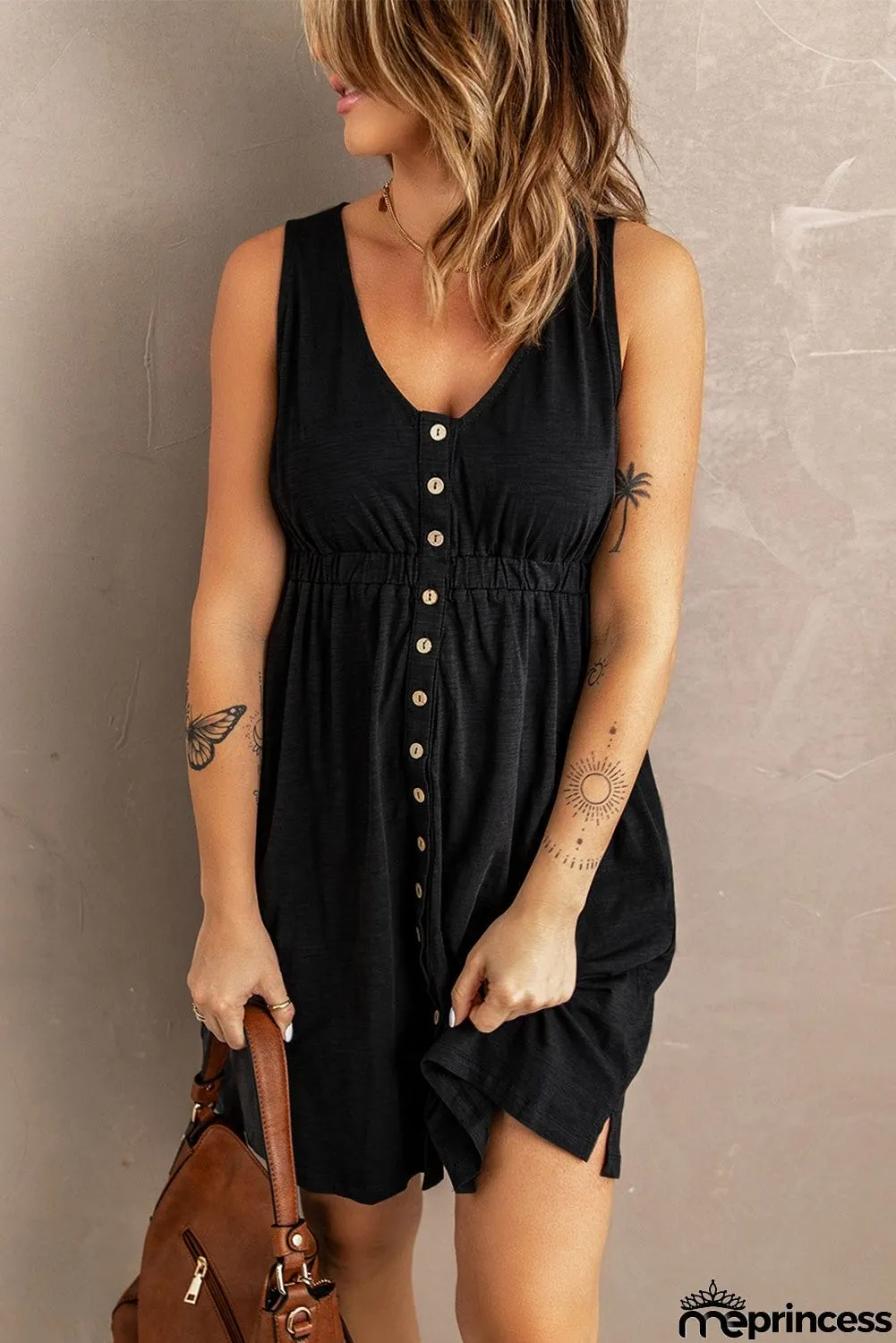 Buttons Sleeveless High Waist Mini Dress
