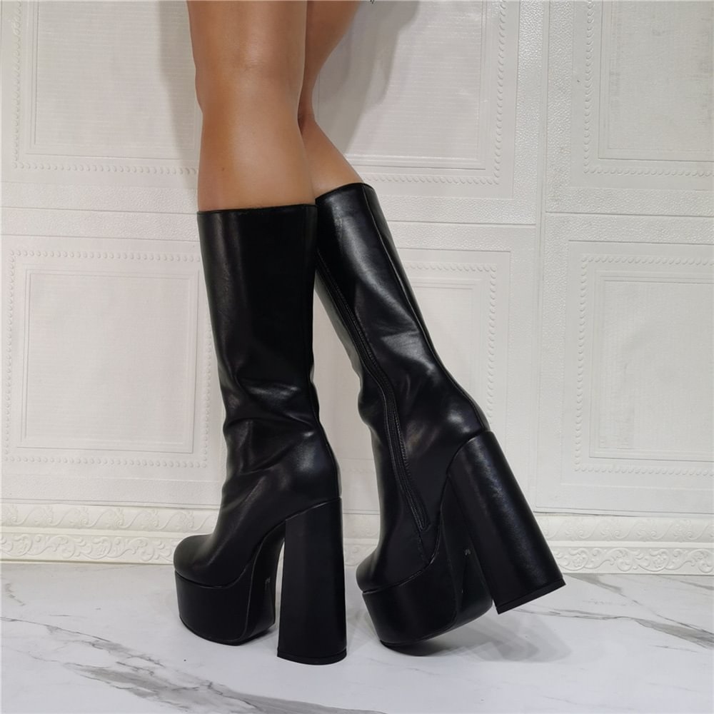 Women's Sexy Platform Black Chunky Gothic Mid Calf Boots Novameme