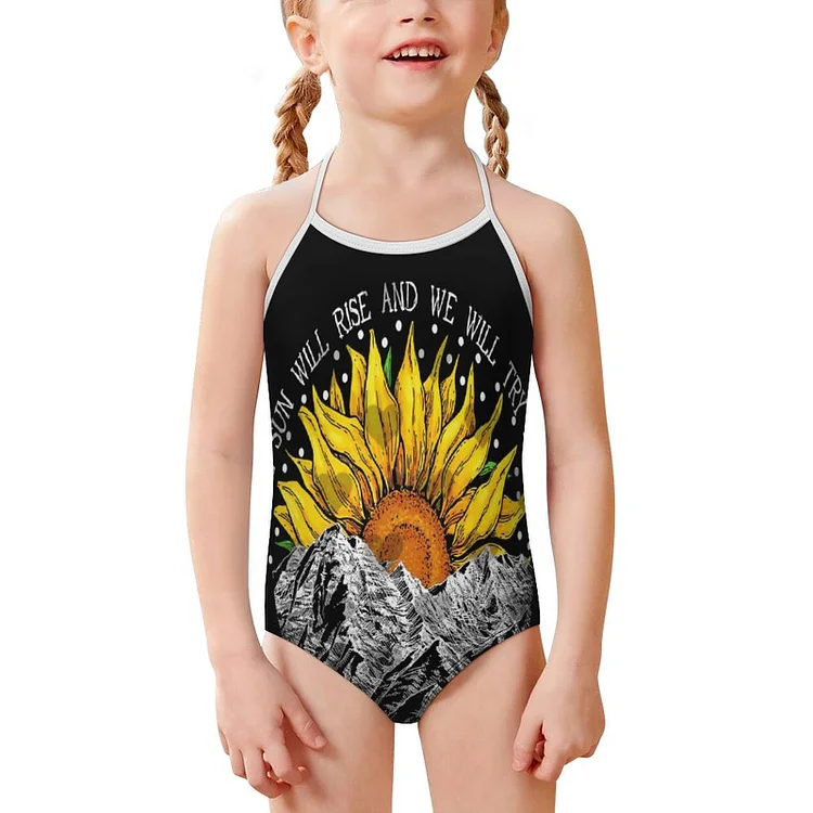 Children's Strap Swimsuit Oil Painting, Flowers, Wood Engraving