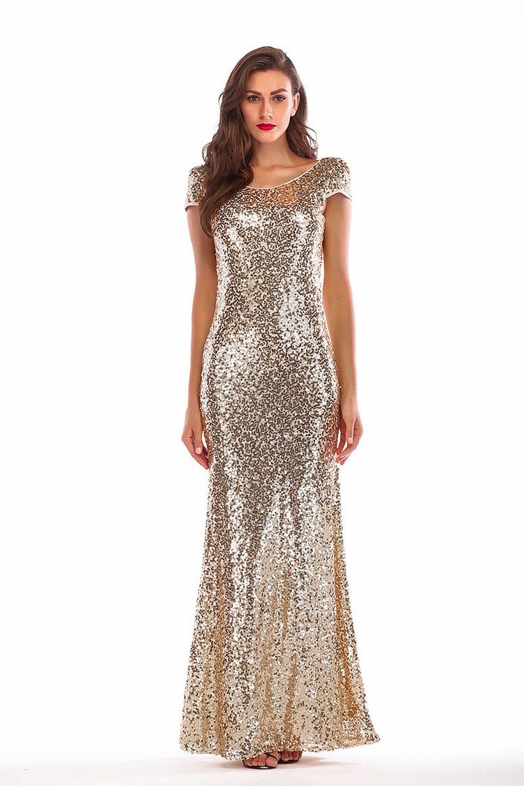 Gold Sequin Mermaid Cap Sleeves Backless Sparkly Prom Dress - BlackFridayBuys