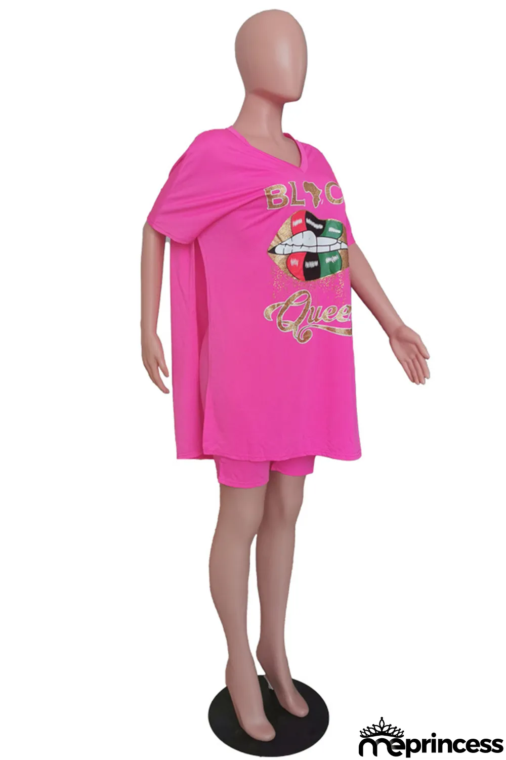 Rose Red Fashion Casual Letter Lips Printed Slit V Neck Two Pieces