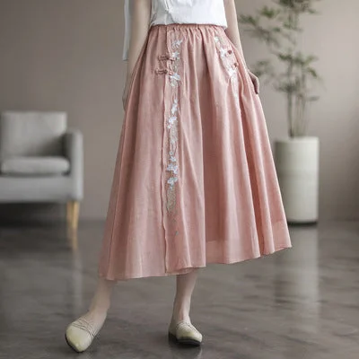 Vintage Double Cotton Linen Embroidered Buckle A-Line Skirt