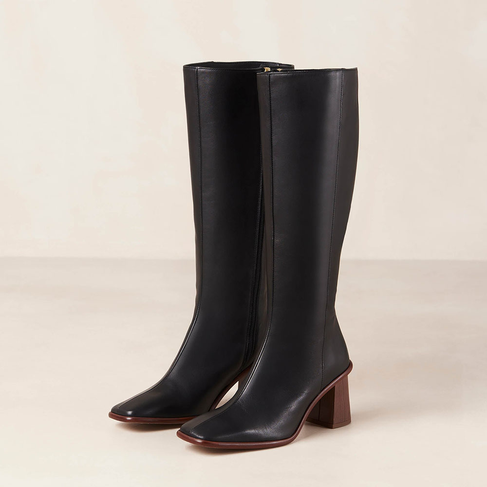 Black Vegan Leather Square Toe Chunky Heel Side-Zipper Knee High Boots Nicepairs