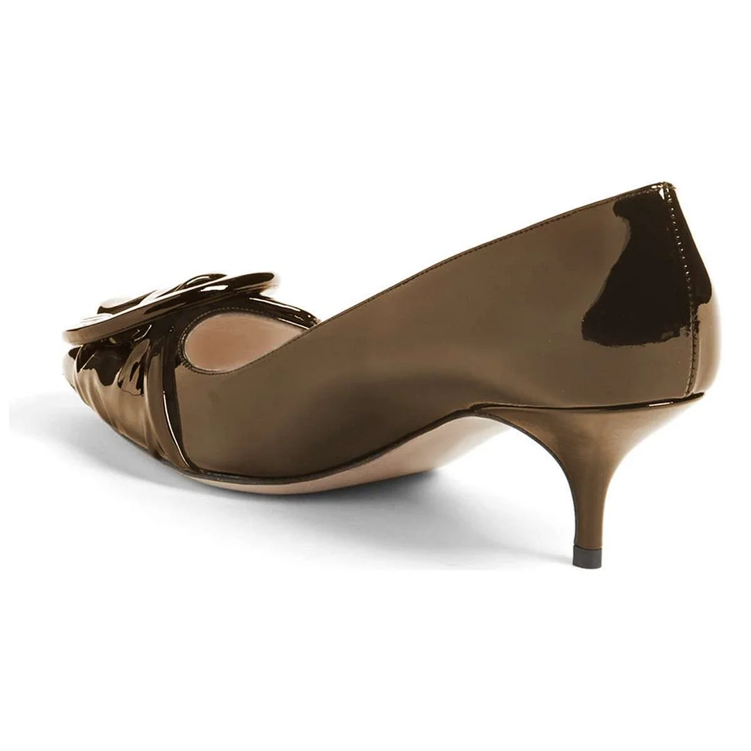 Shiny Brown Patent Leather Sophisticated Pointed Kitten Heel Pumps   