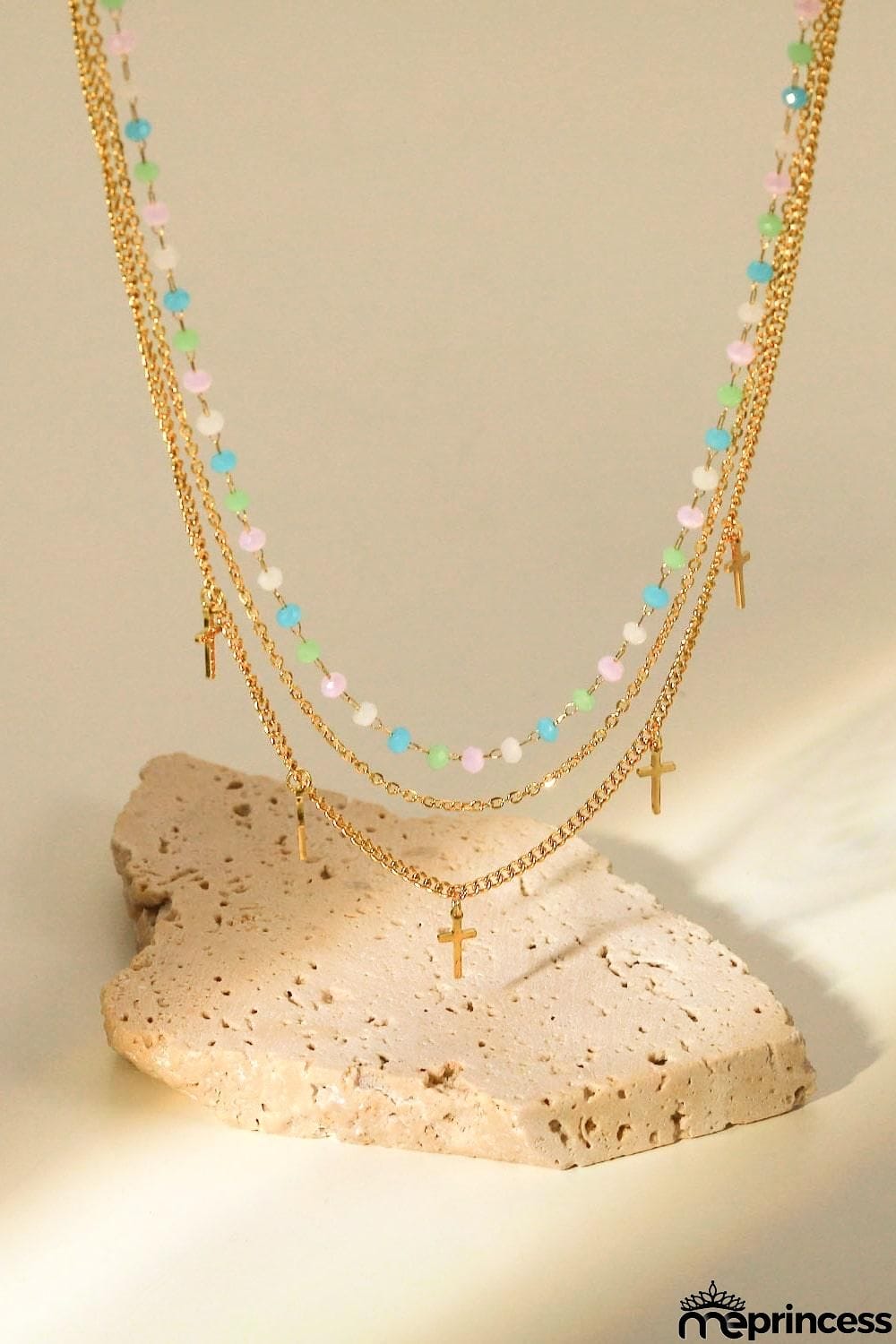 18K Gold Plated Cross Pendant Triple-Layered Necklace